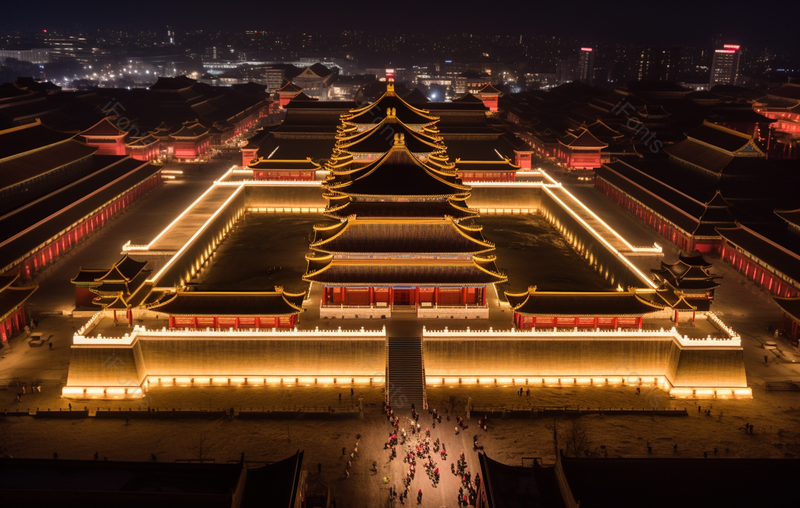灯光夜晚古代建筑高空拍摄,高清,摄影图,摄影图片,图片大全,摄影图免费下载